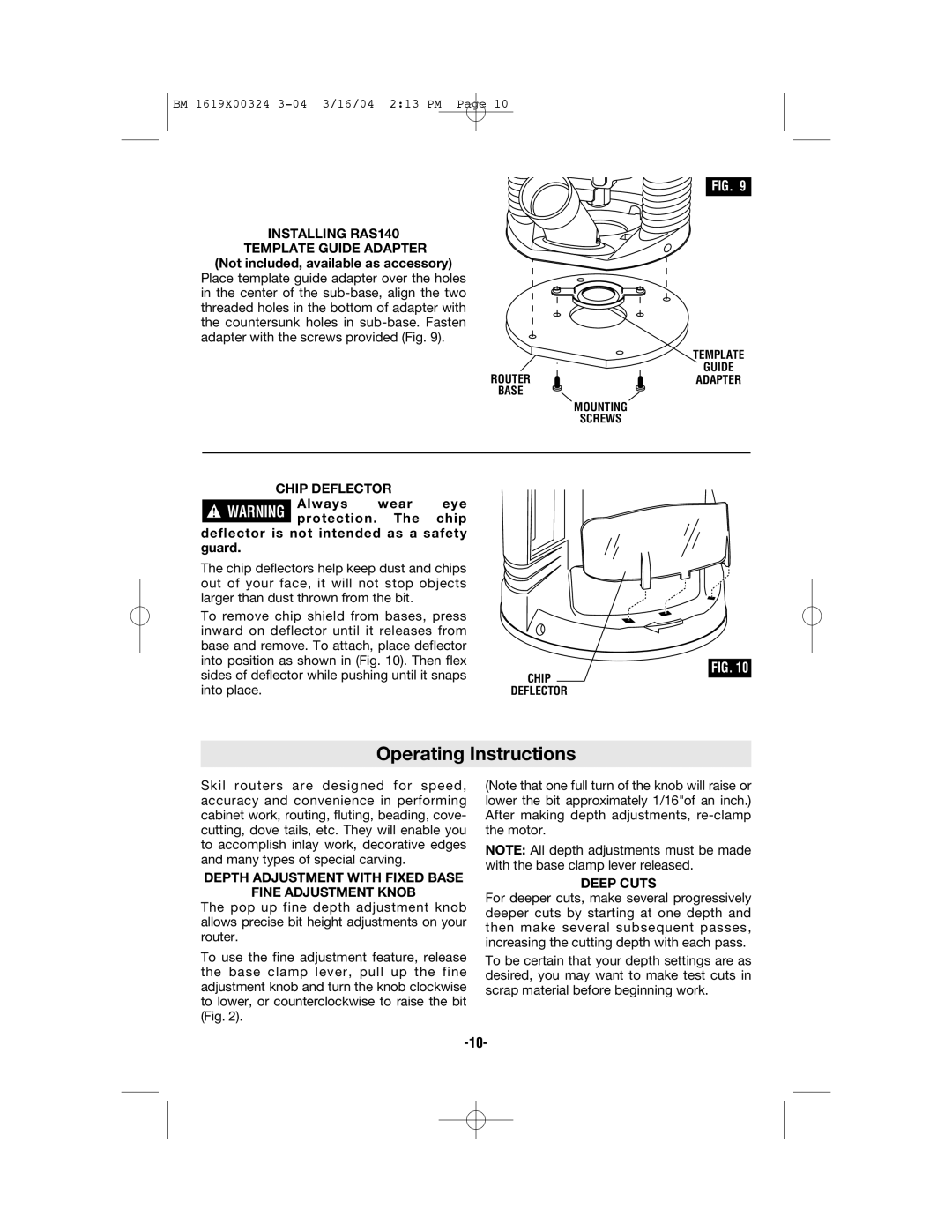 Skil 1815 Operating Instructions, Installing RAS140, Chip Deflector, Depth Adjustment with Fixed Base Fine Adjustment Knob 