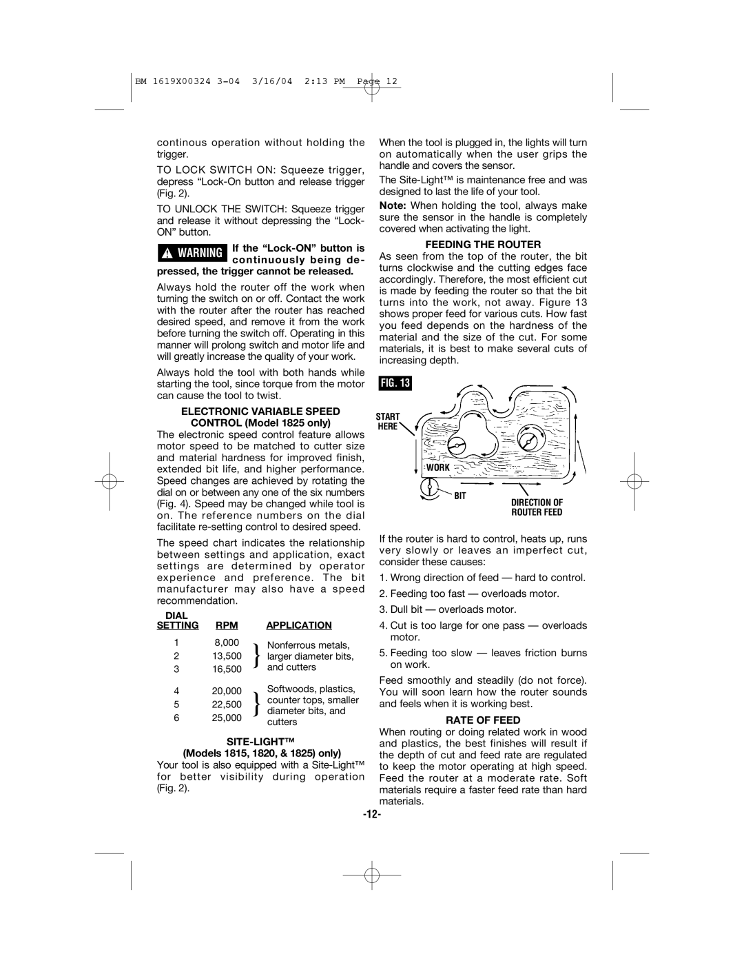 Skil 1820, 1825, 1815, 1810 manual Electronic Variable Speed, Dial Setting RPM Application, Feeding the Router, Rate of Feed 