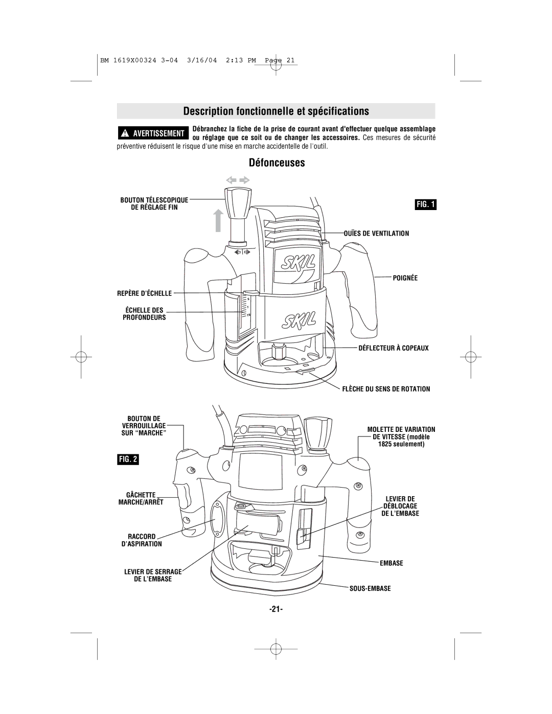 Skil 1825, 1820, 1815, 1810 manual Description fonctionnelle et spécifications, Défonceuses 