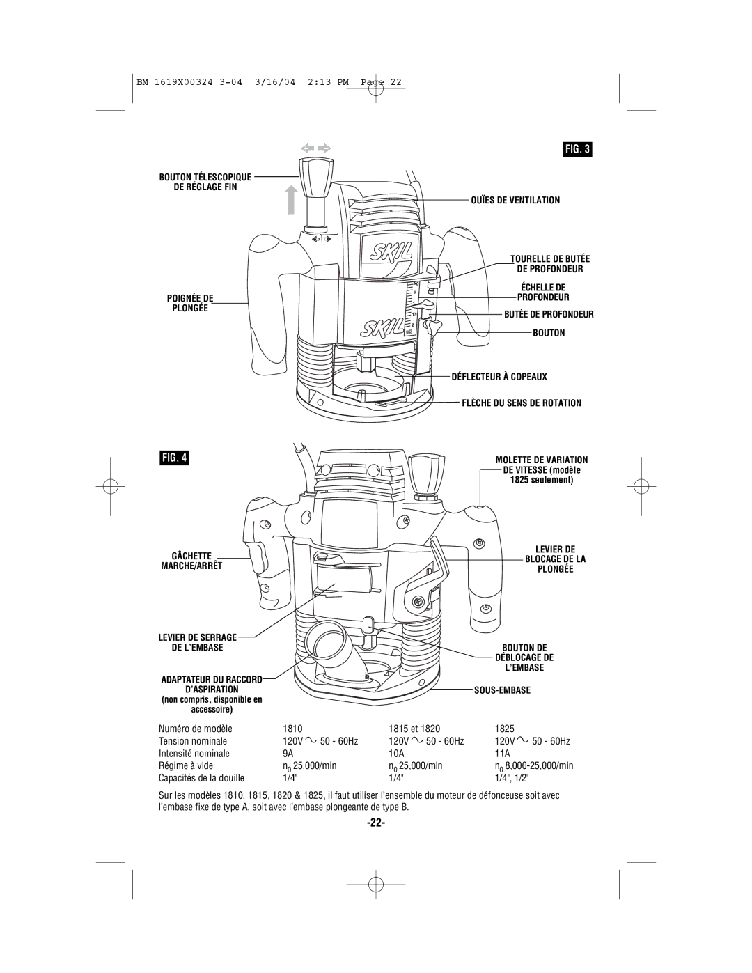 Skil 1815, 1820, 1825, 1810 manual Intensité nominale 10A 11A Régime à vide N0 25,000/min, Capacités de la douille 