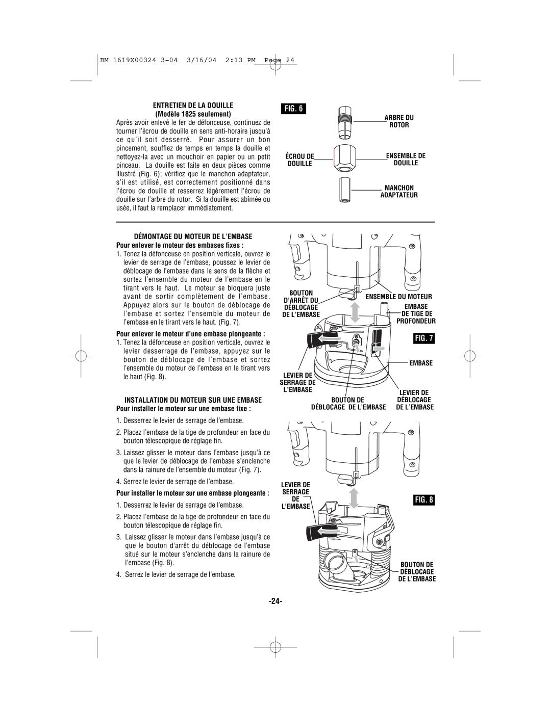 Skil 1820, 1825, 1815, 1810 manual Serrez le levier de serrage de l’embase, Douille Manchon Adaptateur 