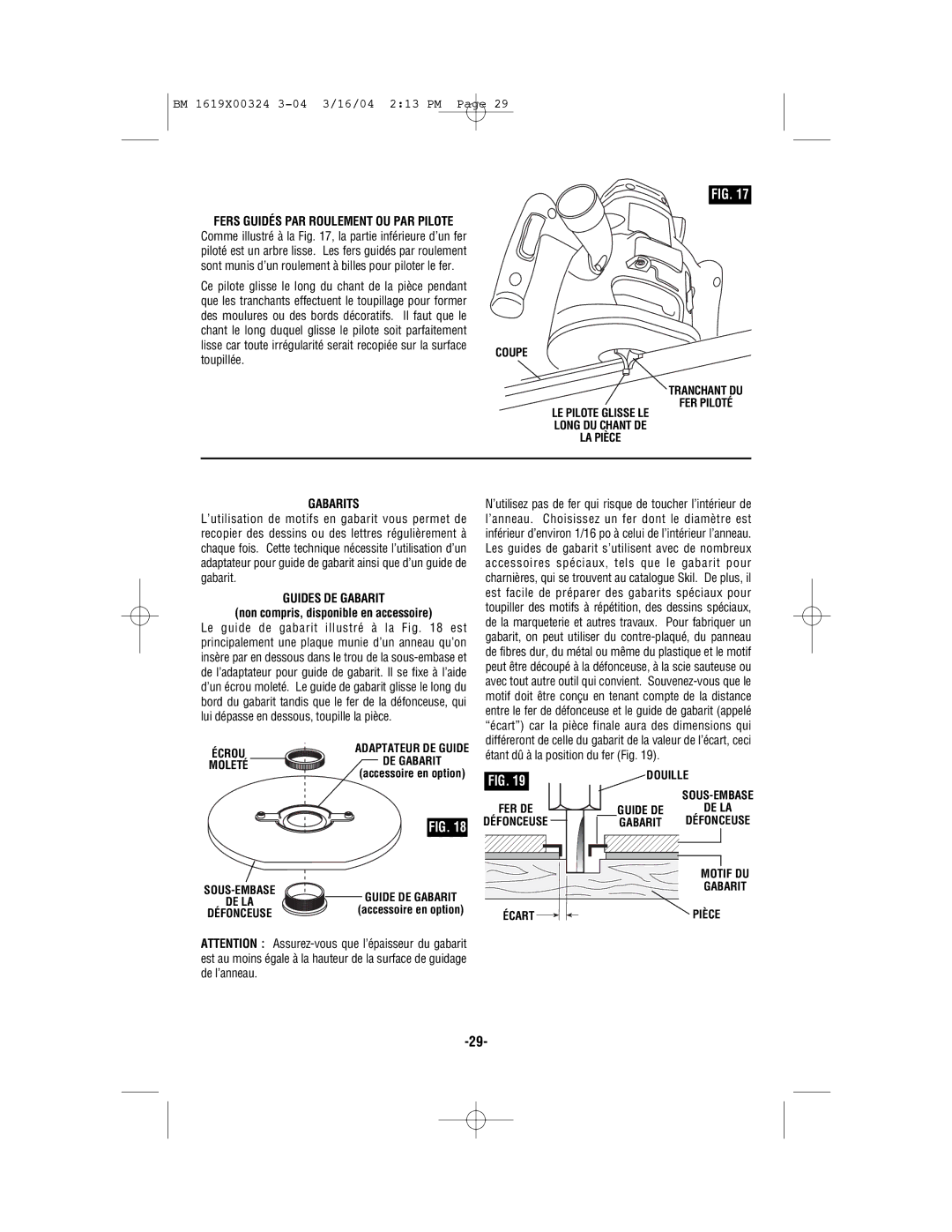 Skil 1825, 1820, 1815, 1810 manual Gabarits, Guides DE Gabarit 