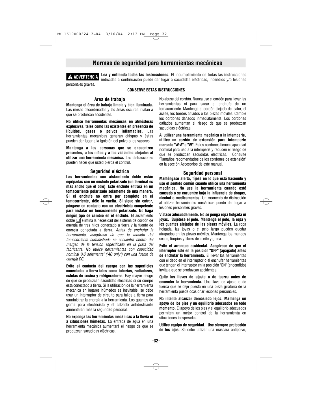 Skil 1820, 1825 Normas de seguridad para herramientas mecánicas, Area de trabajo, Seguridad eléctrica, Seguridad personal 