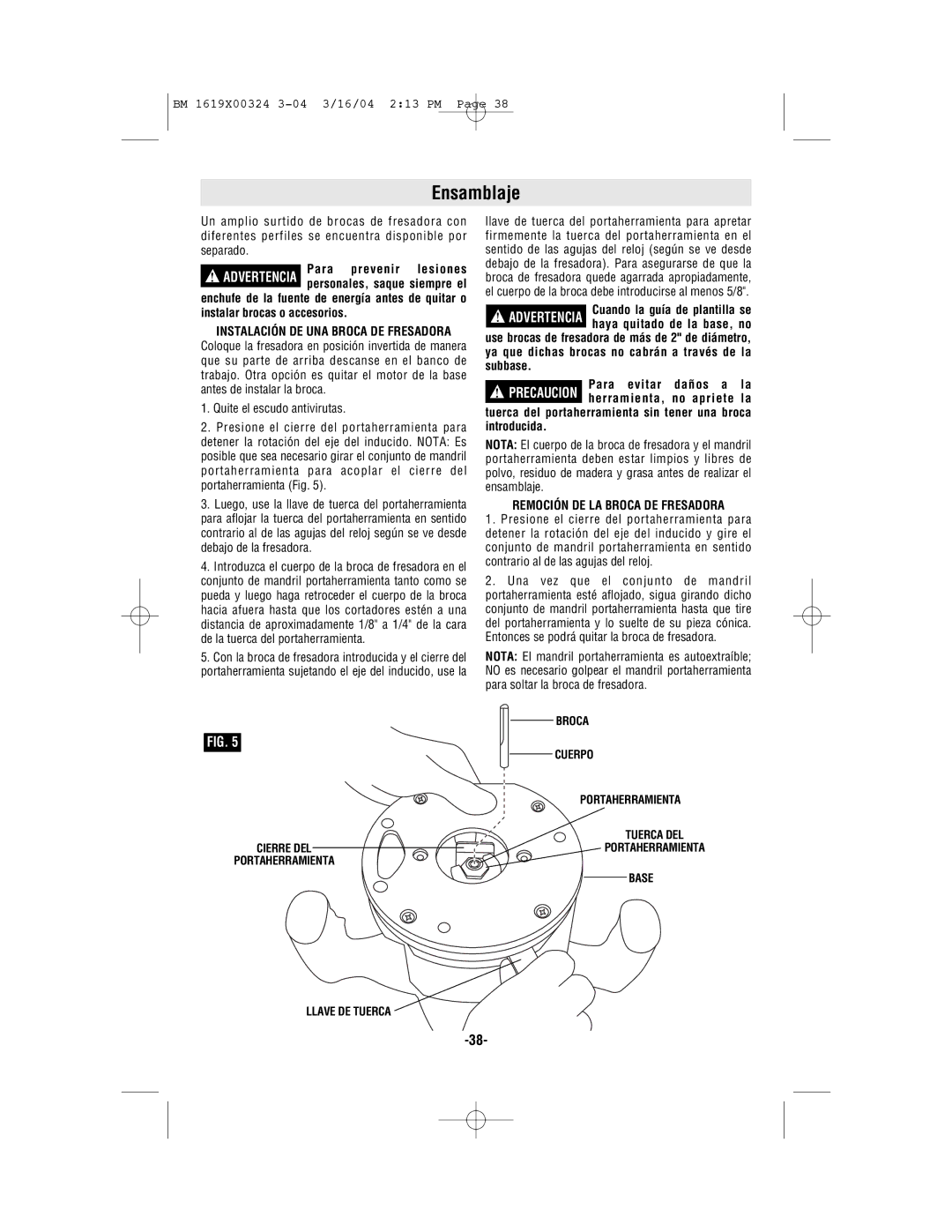 Skil 1815, 1820, 1825, 1810 manual Ensamblaje, Remoción DE LA Broca DE Fresadora 