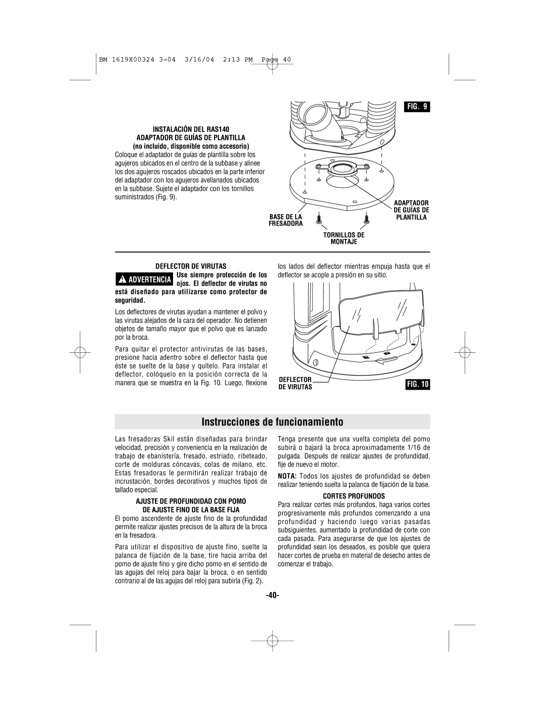 Skil 1820, 1825, 1815, 1810 Instrucciones de funcionamiento, Instalación DEL RAS140, Deflector DE Virutas, Cortes Profundos 