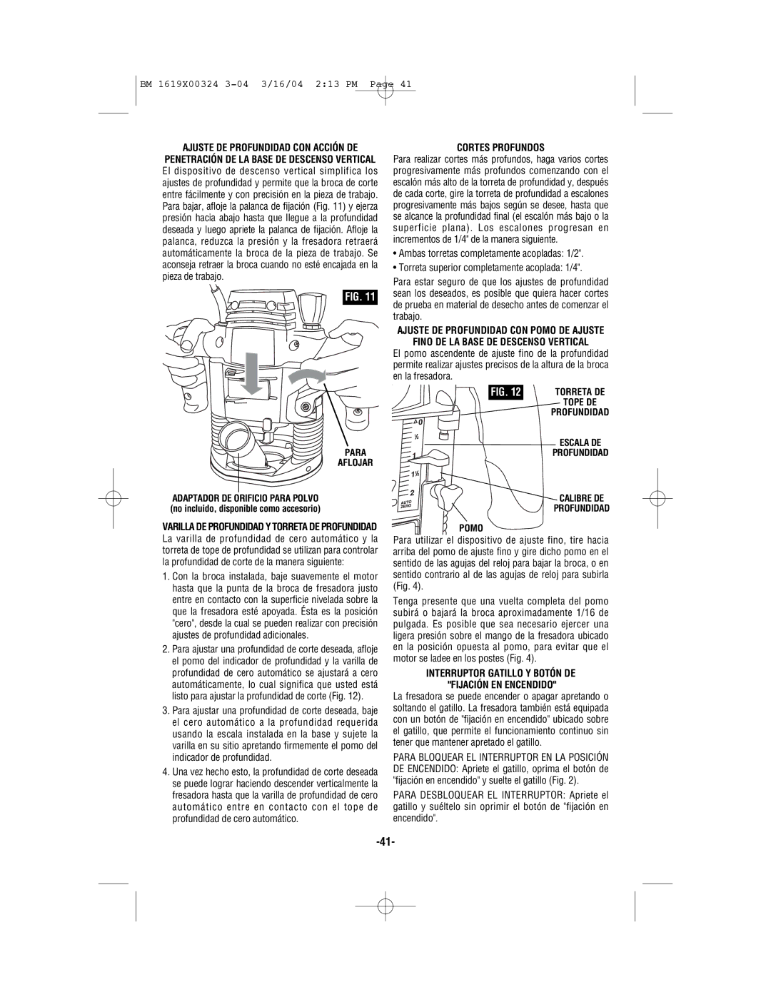 Skil 1825, 1820, 1815, 1810 manual Ajuste DE Profundidad CON Acción DE, Interruptor Gatillo Y Botón DE Fijación EN Encendido 