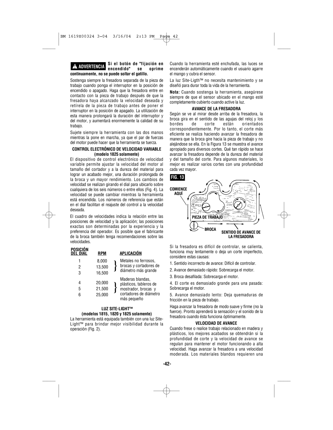 Skil 1815, 1820, 1825, 1810 manual RPM Aplicación DEL Dial, Avance DE LA Fresadora, Velocidad DE Avance 