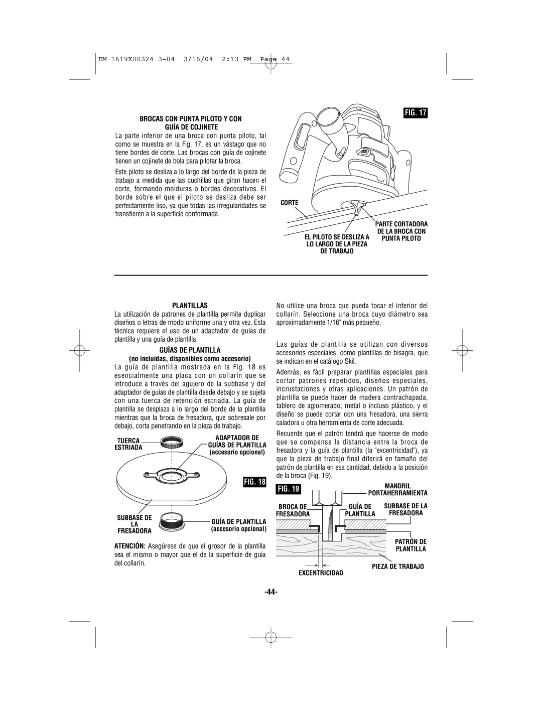 Skil 1820, 1825, 1815, 1810 manual Brocas CON Punta Piloto Y CON Guía DE Cojinete, Plantillas, Guías DE Plantilla 