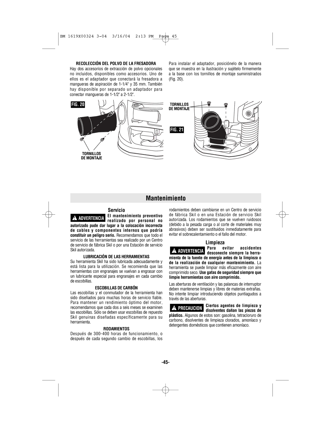 Skil 1825, 1820, 1815, 1810 manual Mantenimiento, Limpieza, Lubricación DE LAS Herramientas, Escobillas DE Carbón, Rodamientos 