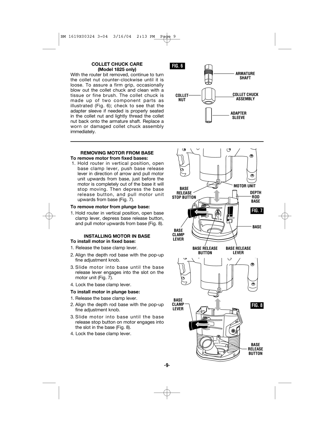 Skil 1820, 1815, 1810 manual Collet Chuck Care, Model 1825 only 