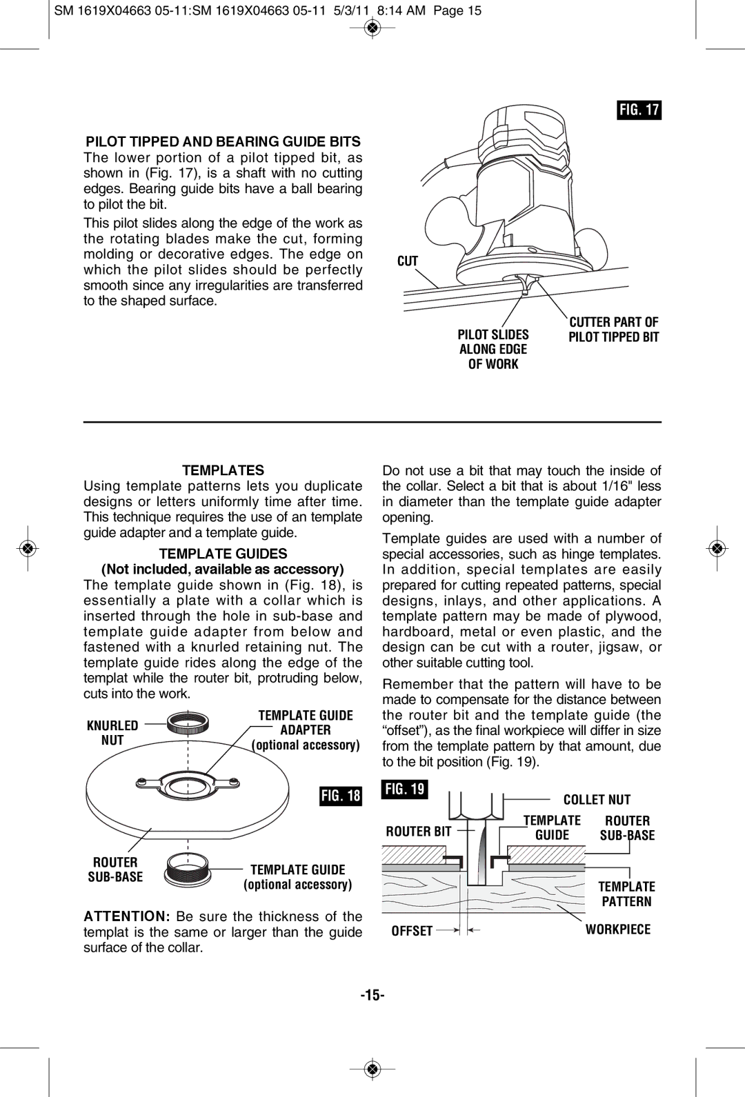 Skil 1830, 1827, 1817 manual Template Guides, Not included, available as accessory, Router 