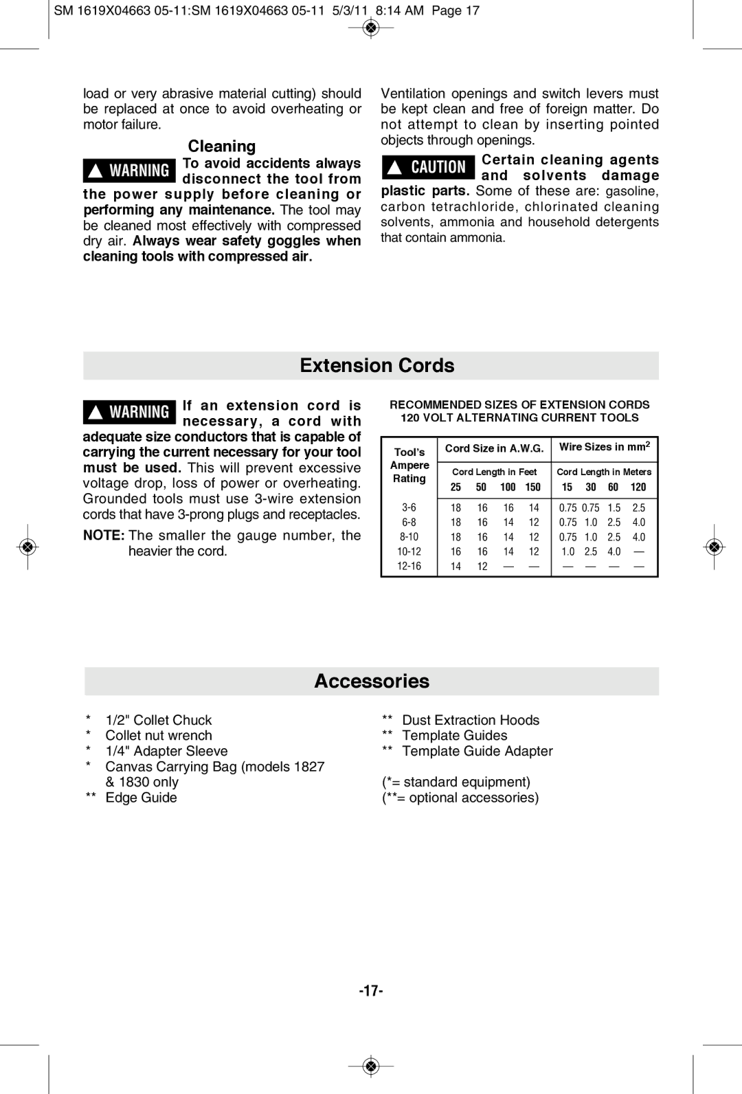 Skil 1817, 1830, 1827 manual Extension Cords, Accessories, Cleaning 