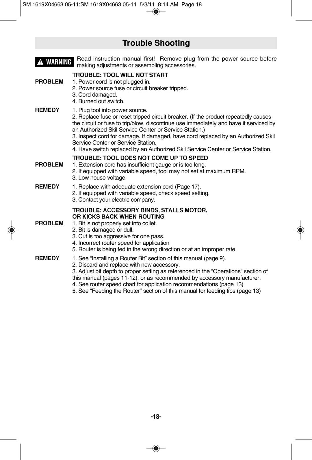 Skil 1830, 1827, 1817 manual Trouble Shooting, Problem Trouble Tool will not Start, Trouble Tool does not Come UP to Speed 