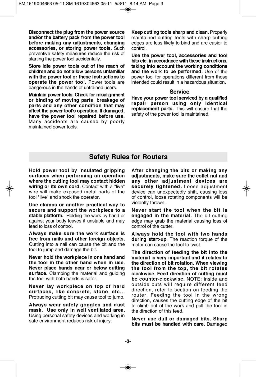 Skil 1830, 1827, 1817 manual Safety Rules for Routers, Service 