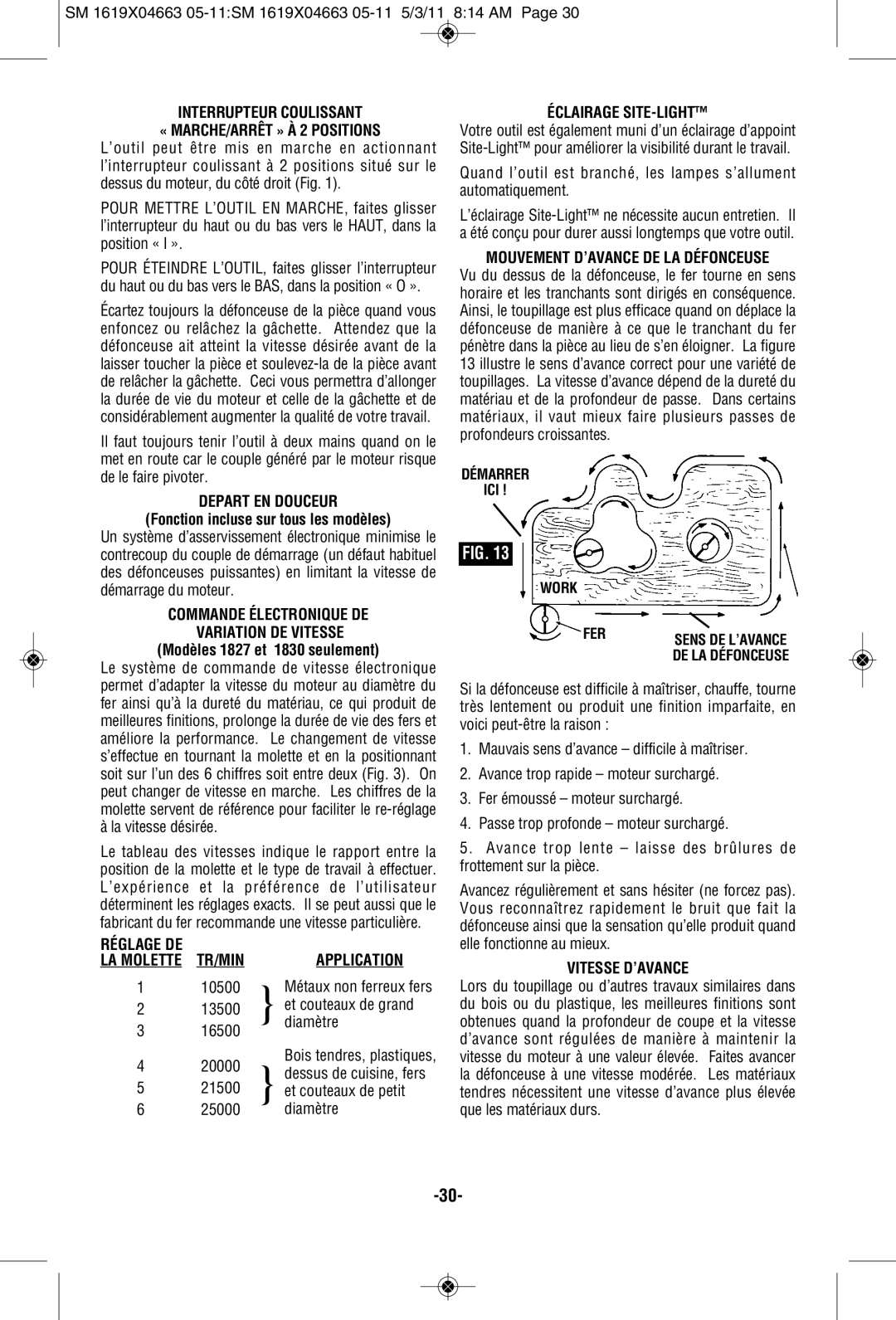 Skil 1830, 1827, 1817 manual Depart EN Douceur, Commande Électronique DE, Application, Éclairage SITE-LIGHT, Vitesse D’AVANCE 