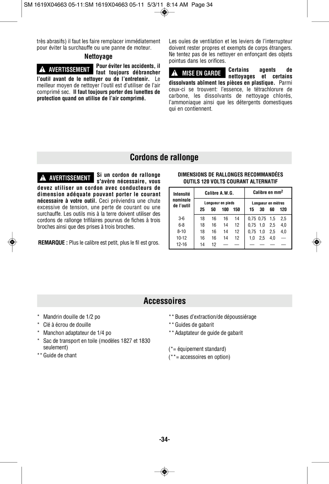 Skil 1827, 1830, 1817 manual Cordons de rallonge, Accessoires, Nettoyage 