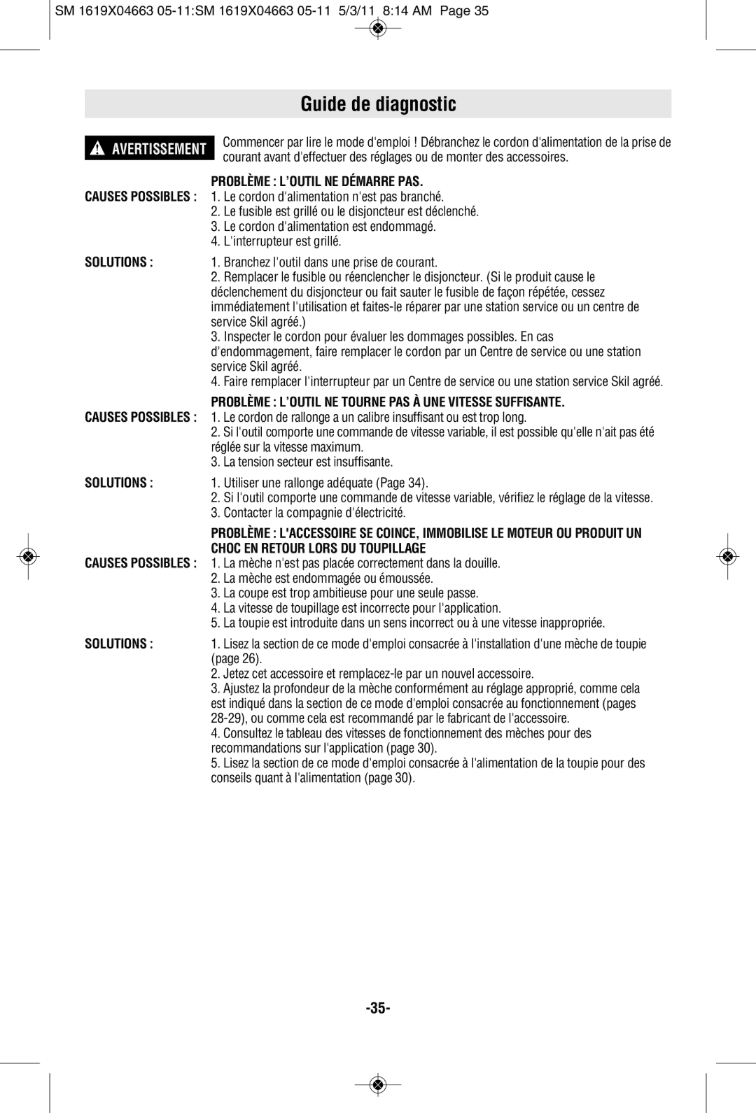 Skil 1817 Guide de diagnostic, Problème L’OUTIL NE Démarre PAS, Problème L’OUTIL NE Tourne PAS À UNE Vitesse Suffisante 