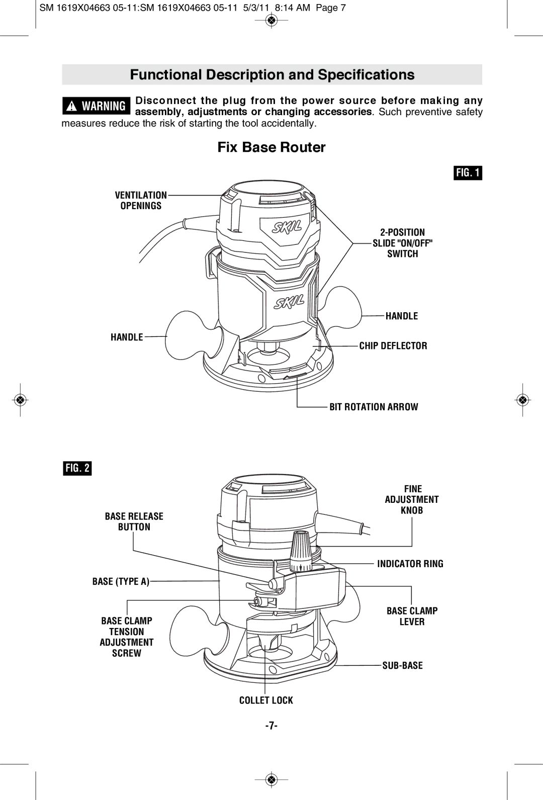 Skil 1827, 1830, 1817 manual Functional Description and Specifications, Fix Base Router 