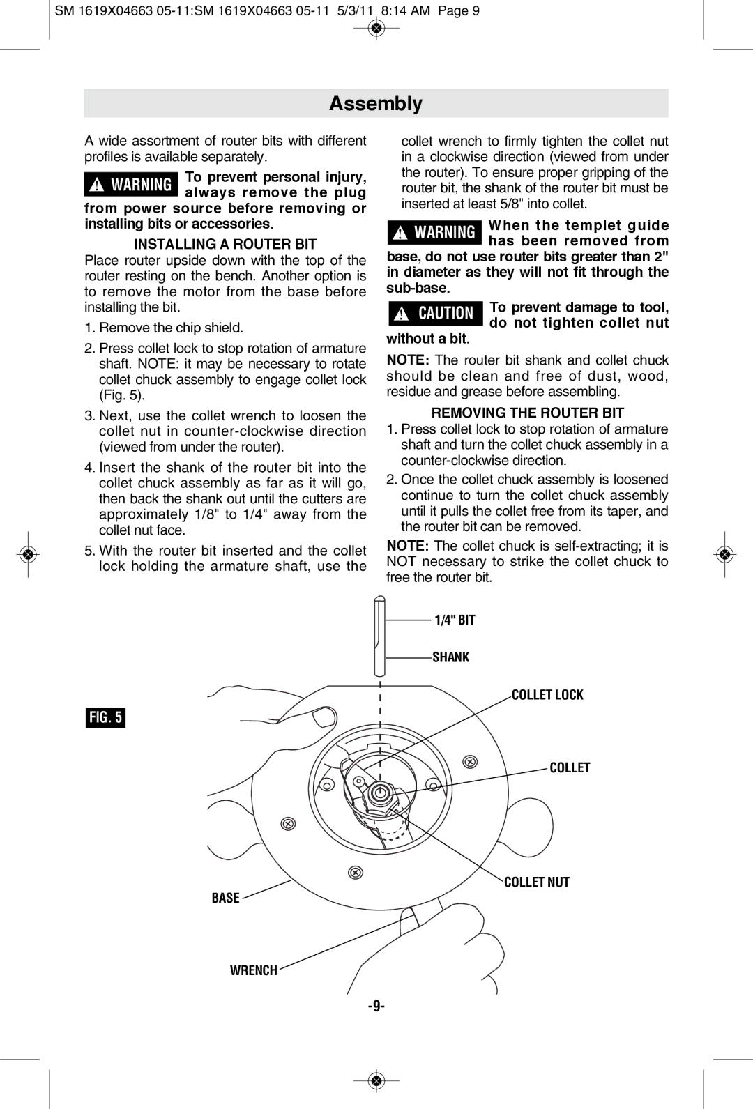 Skil 1830, 1827, 1817 Assembly, Installing a Router BIT, Removing the Router BIT, Shank Collet Lock Collet NUT Base Wrench 