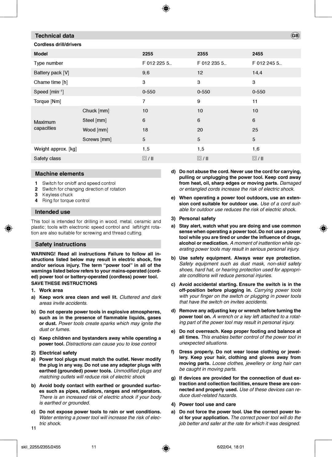 Skil 2255 operating instructions Technical data, Machine elements, Intended use, Safety instructions 