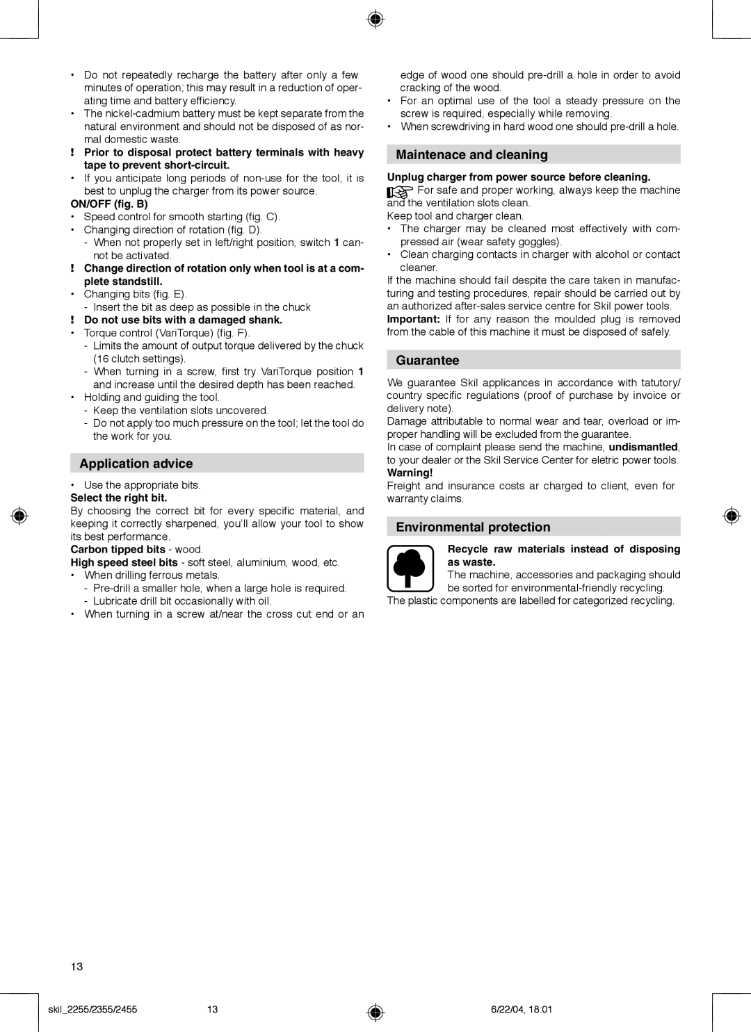 Skil 2255 operating instructions Application advice, Maintenace and cleaning, Guarantee, Environmental protection 