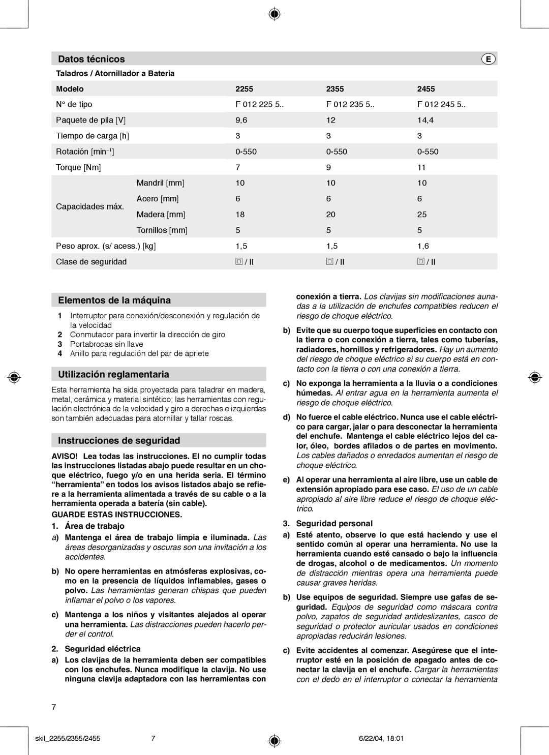 Skil 2255 Datos técnicos, Elementos de la máquina, Utilización reglamentaria, Instrucciones de seguridad 