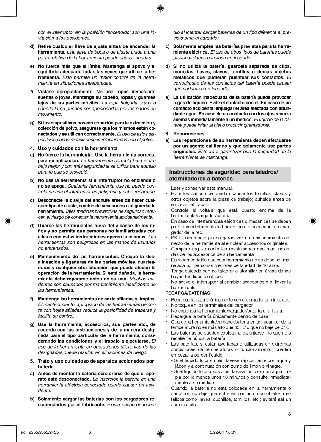 Skil 2255 operating instructions Recarga/Baterías 