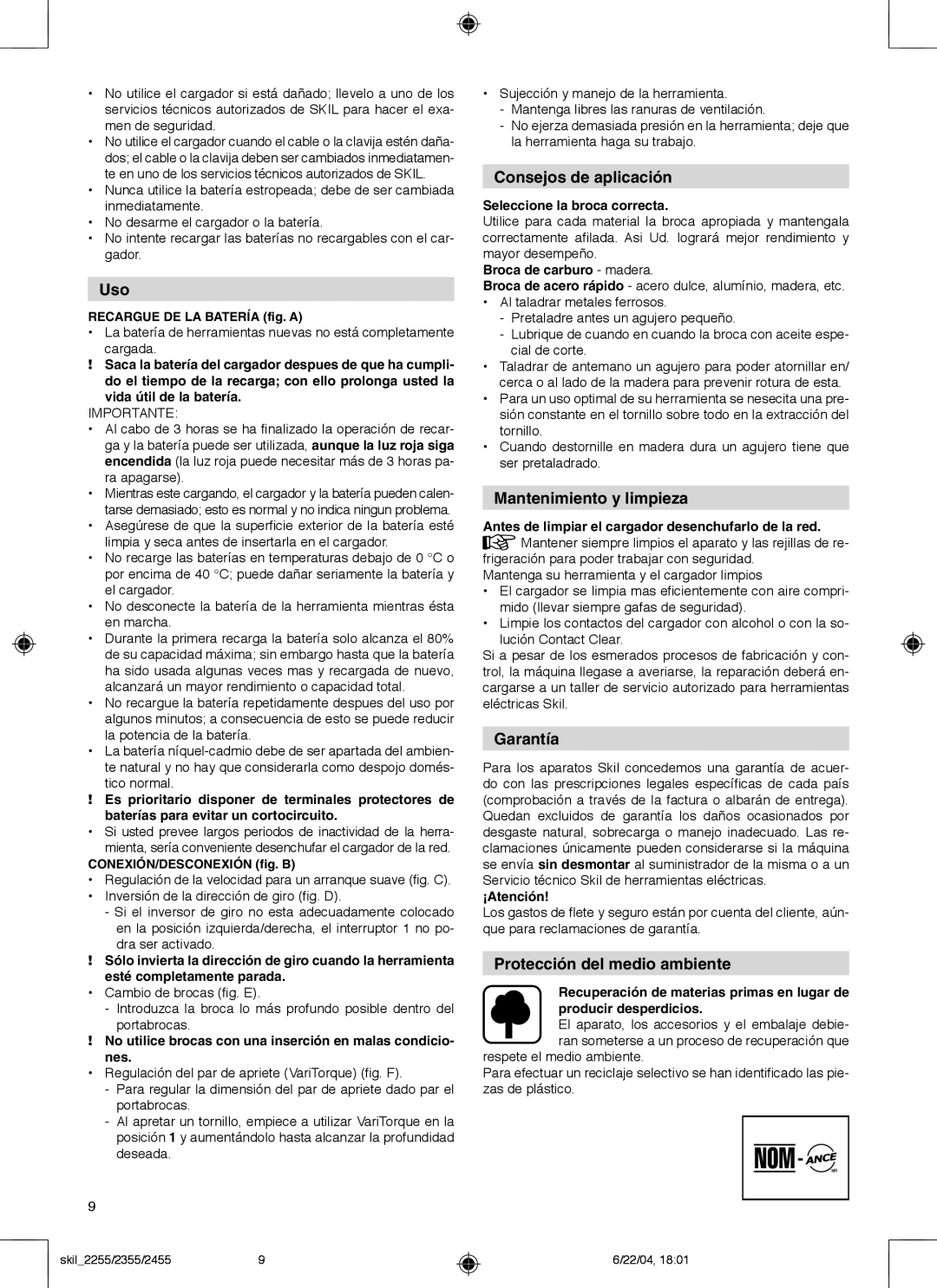 Skil 2255 Uso, Consejos de aplicación, Mantenimiento y limpieza, Garantía, Protección del medio ambiente 