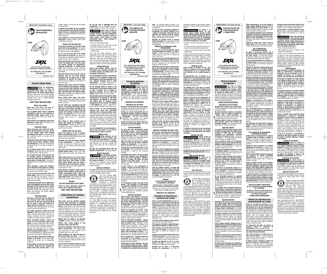 Skil 2336 user service General Safety Rules, Safety Rules for Cordless Screwdrivers 