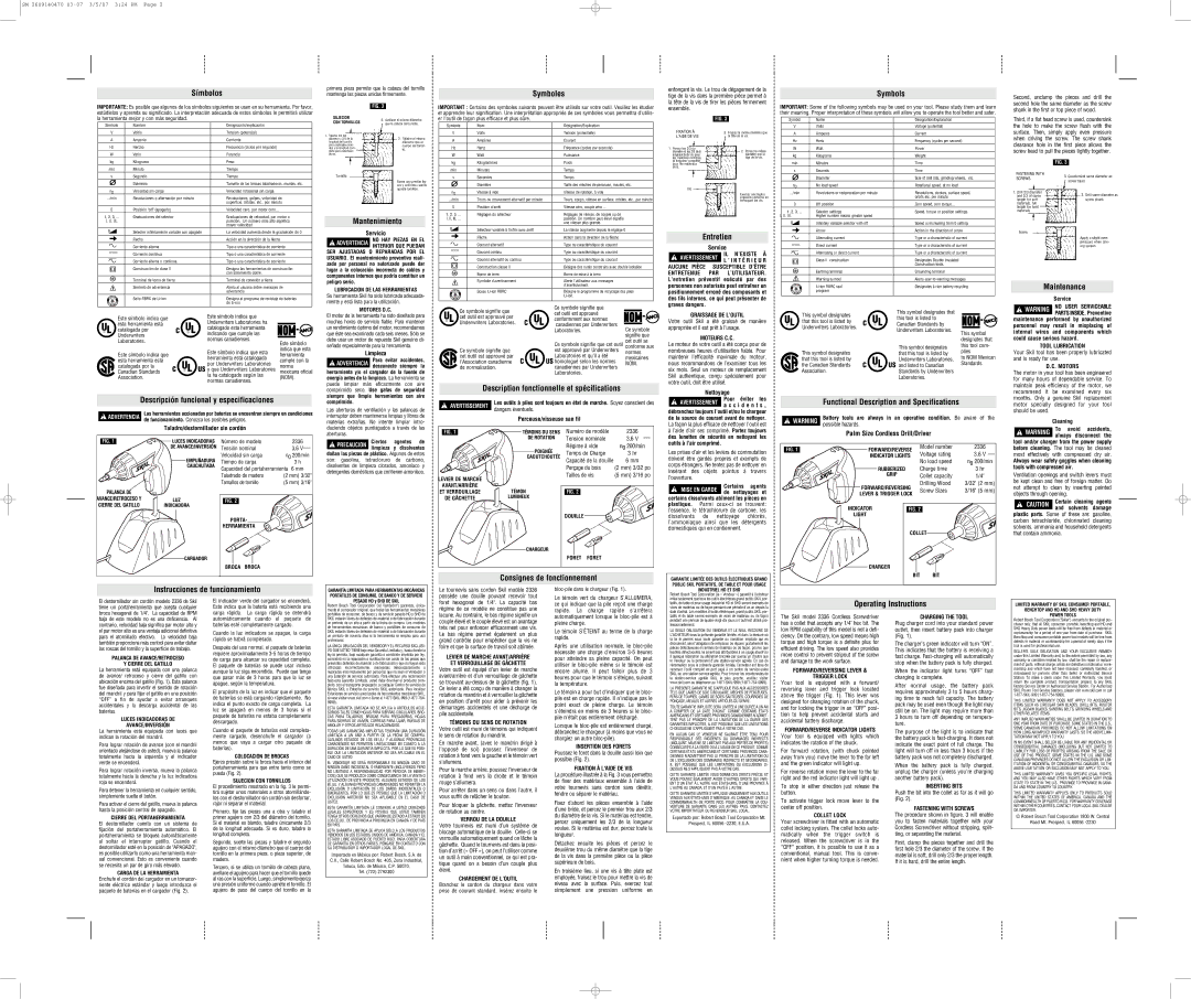 Skil 2336 Símbolos, Descripción funcional y especificaciones, Mantenimiento, Symboles, Entretien, Symbols, Maintenance 