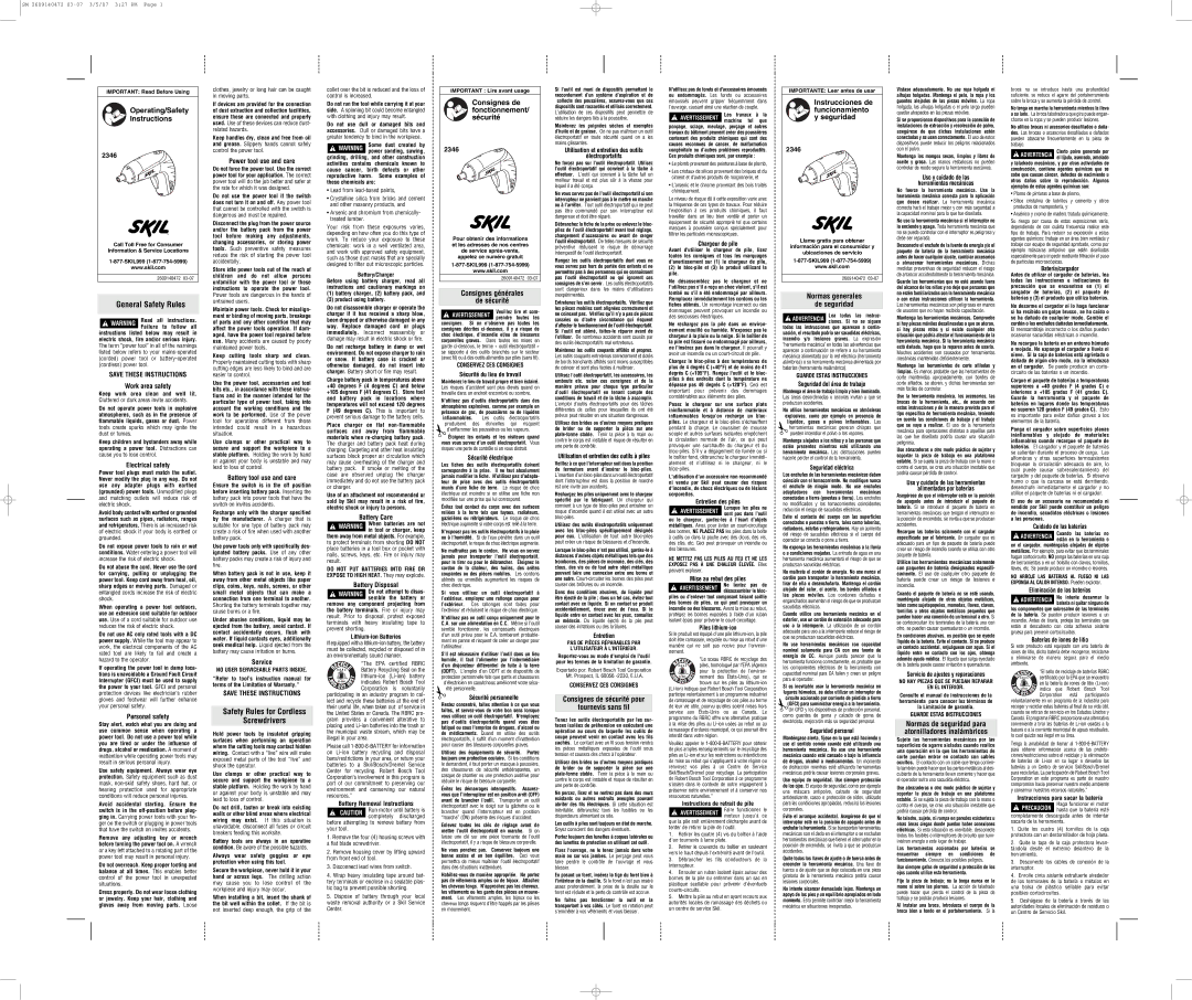 Skil 2346 user service Work area safety, Power tool use and care, Consignes générales, Chargeur de pile, Batería/cargador 