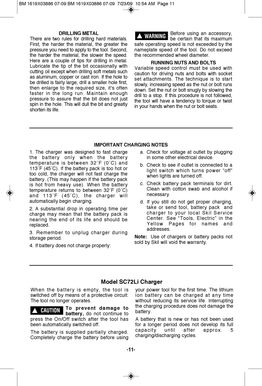 Skil 2364 manual Model SC72Li Charger, Drilling Metal, Running Nuts and Bolts, Important Charging Notes 