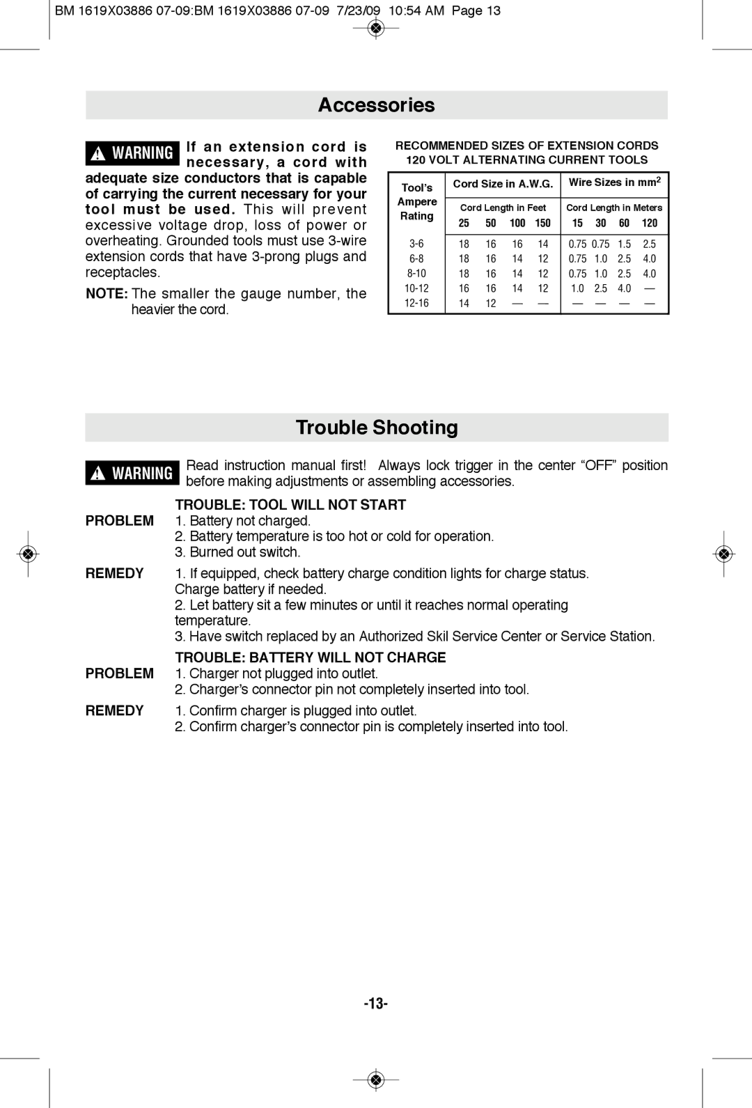 Skil 2364 manual Accessories, Trouble Shooting, Problem Trouble Tool will not Start, Trouble BATTERy will not Charge 