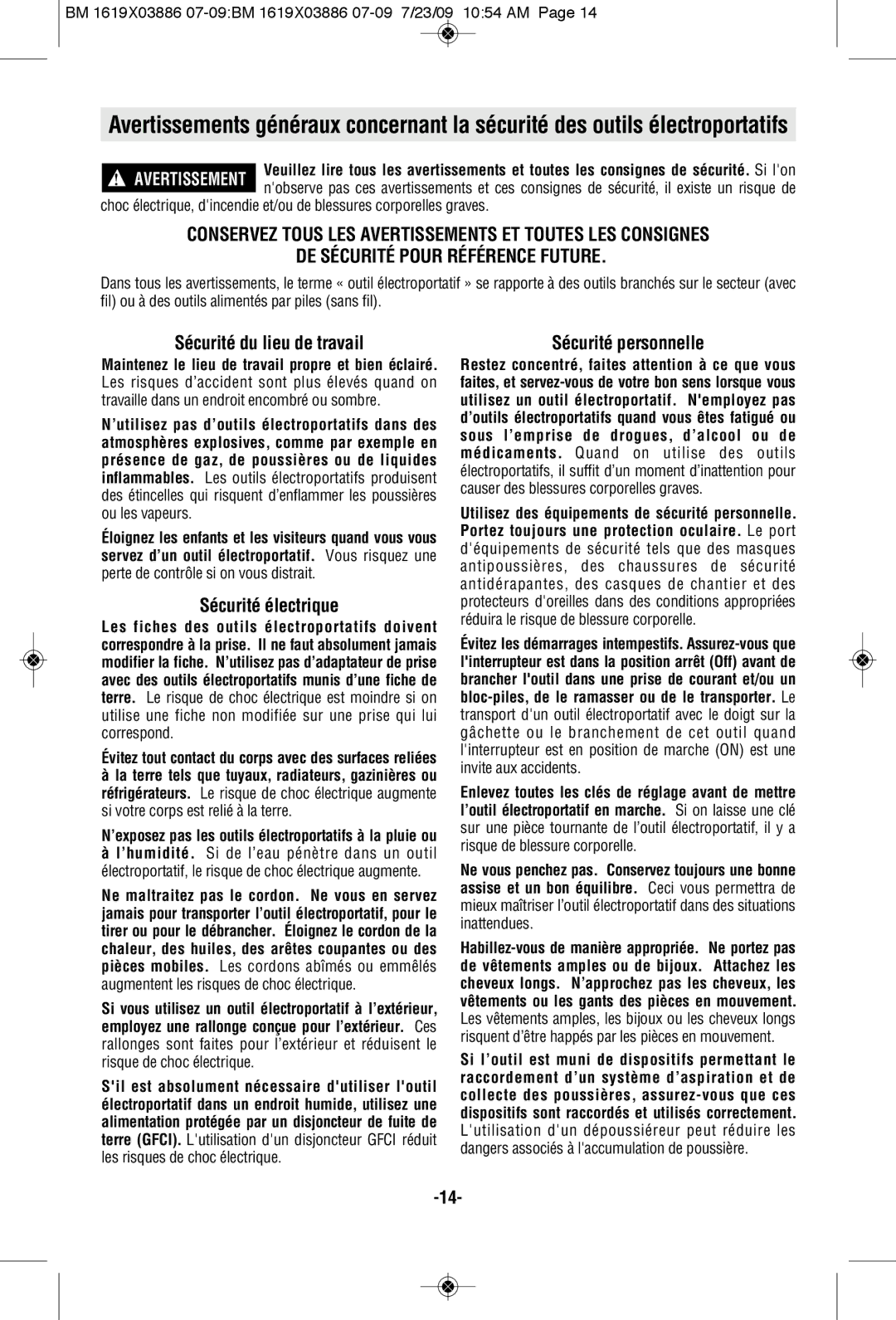 Skil 2364 manual Sécurité du lieu de travail, Sécurité électrique 