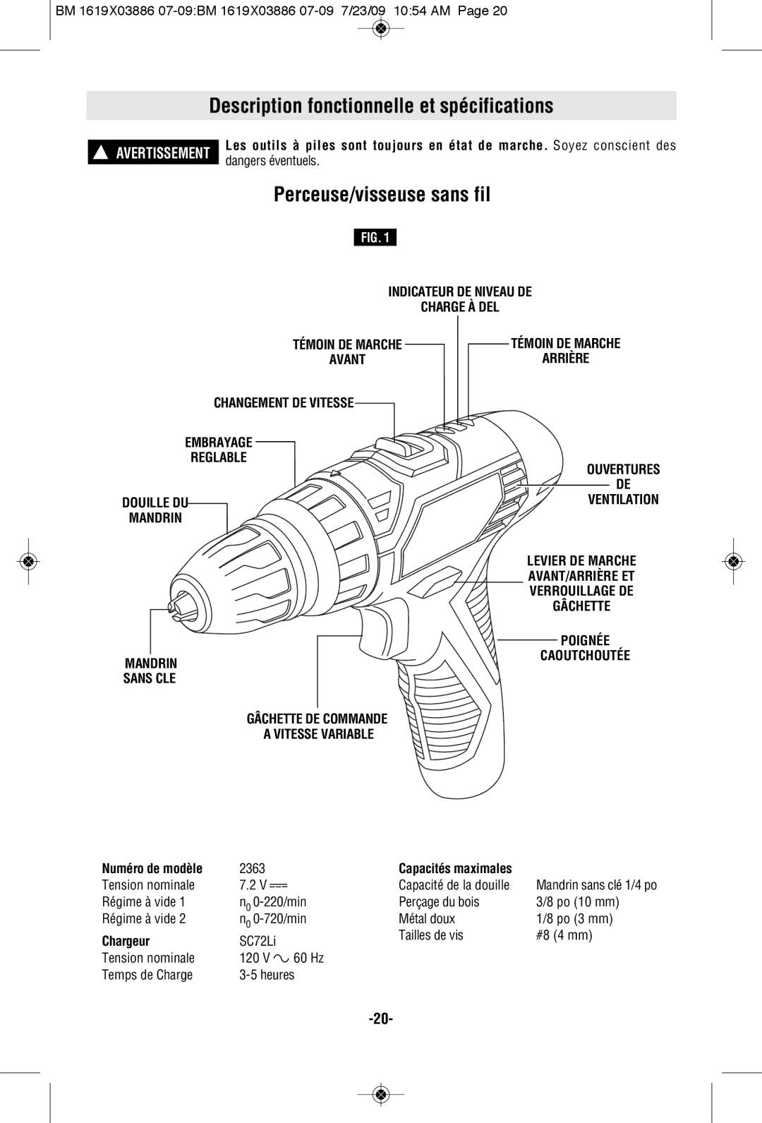 Skil 2364 manual Perceuse/visseuse sans fil, 2363, Tension nominale Capacité de la douille, Chargeur 