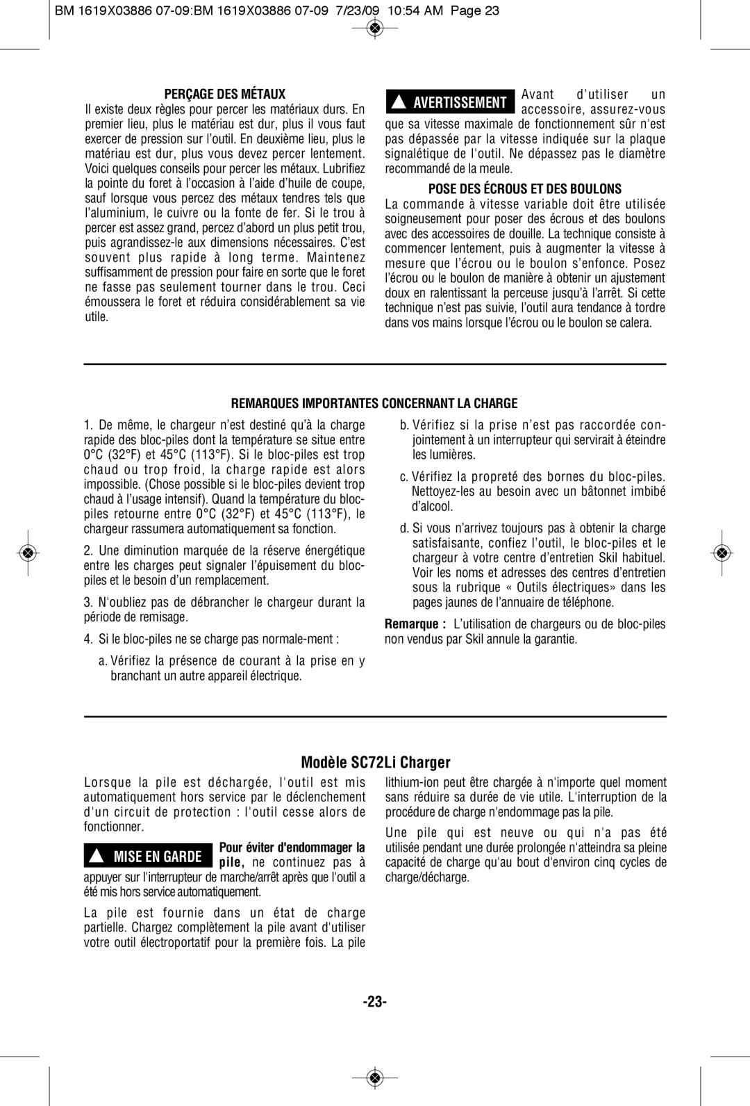 Skil 2364 manual Modèle SC72Li Charger, Perçage DES Métaux, Avant Dutiliser, Pose DES Écrous ET DES Boulons 