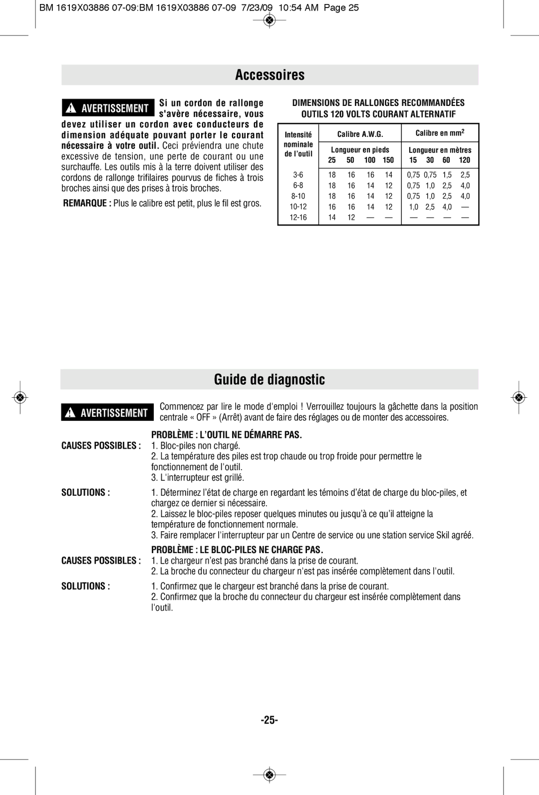 Skil 2364 manual Accessoires, Guide de diagnostic, Problème L’OUTIL NE Démarre PAS, Problème LE BLOC-PILES NE Charge PAS 