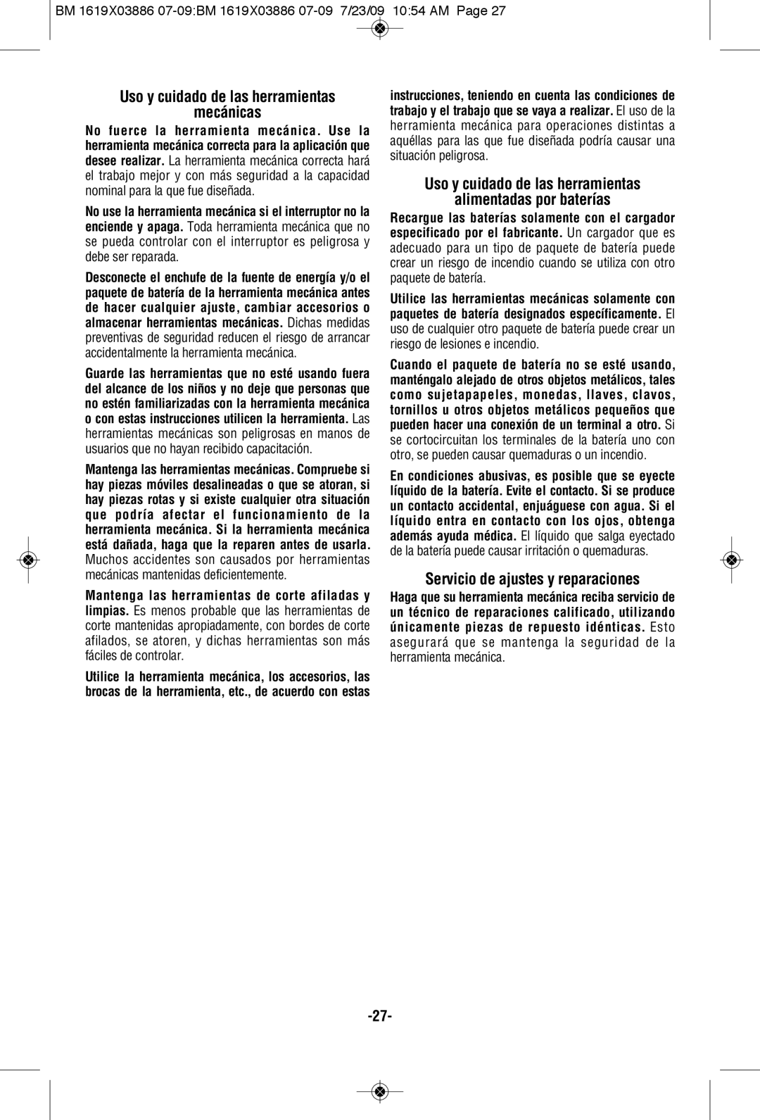 Skil 2364 manual Mecánicas, Uso y cuidado de las herramientas Alimentadas por baterías, Servicio de ajustes y reparaciones 