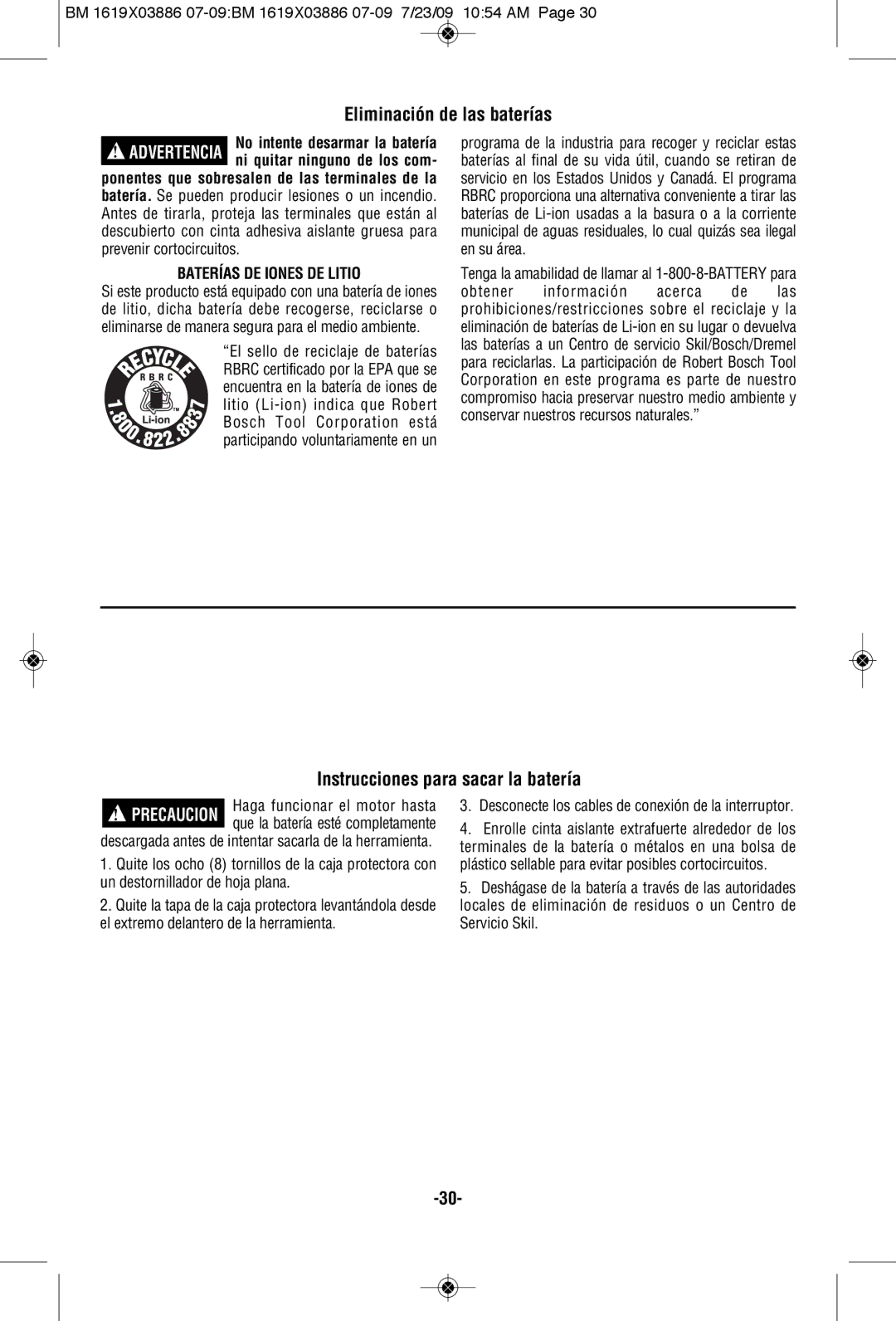 Skil 2364 manual Eliminación de las baterías, Instrucciones para sacar la batería, Baterías DE Iones DE Litio 