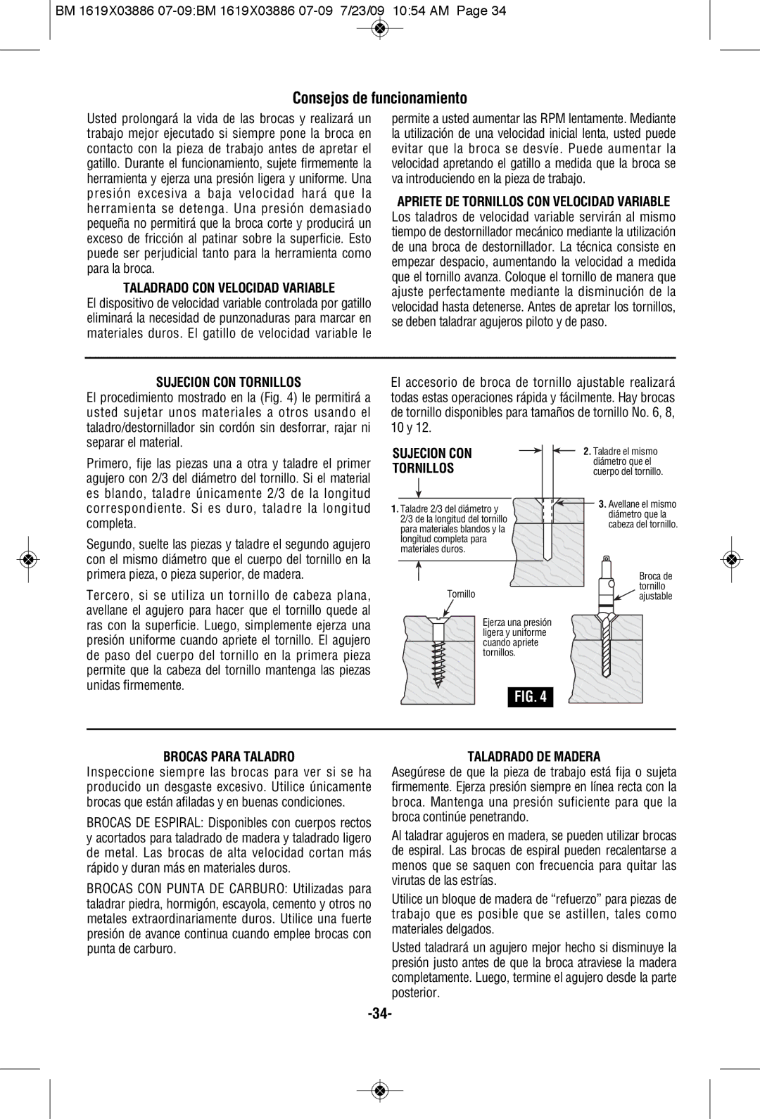 Skil 2364 manual Consejos de funcionamiento, Taladrado CON Velocidad Variable, Sujecion CON Tornillos, Brocas Para Taladro 