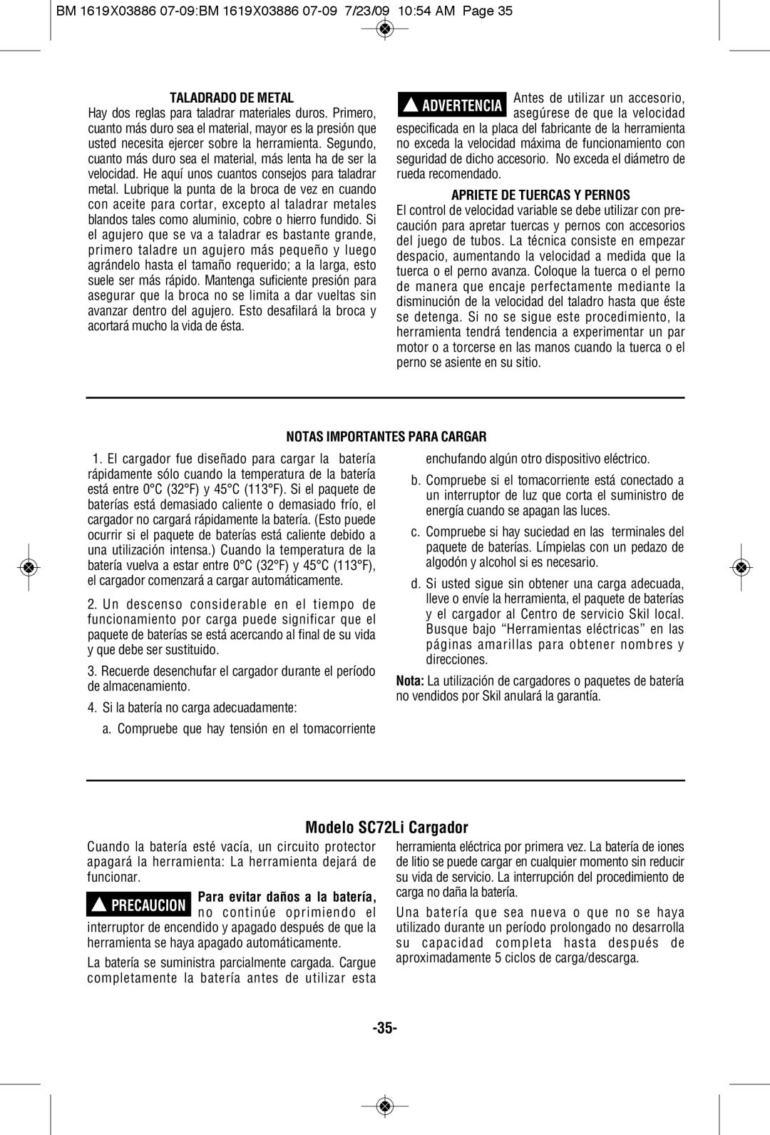 Skil 2364 manual Modelo SC72Li Cargador, Taladrado DE Metal, Apriete DE Tuercas Y Pernos, Notas Importantes Para Cargar 