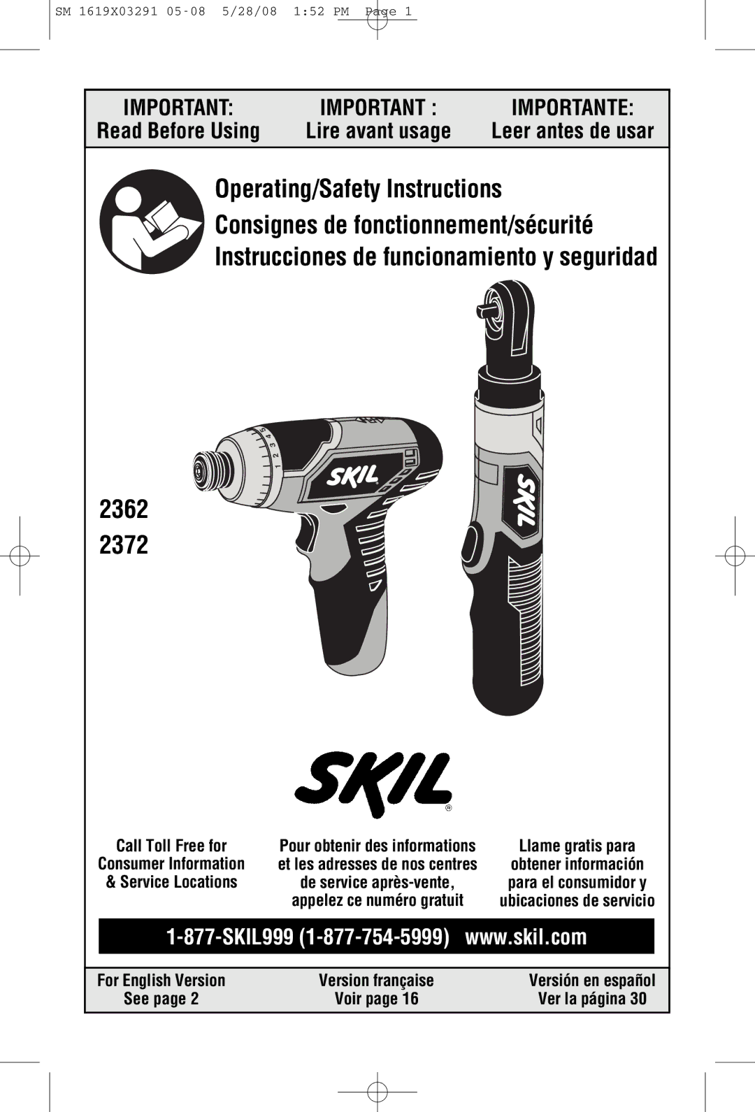 Skil 2372 manual For English Version Version française, Call Toll Free for, See Voir Ver la página 