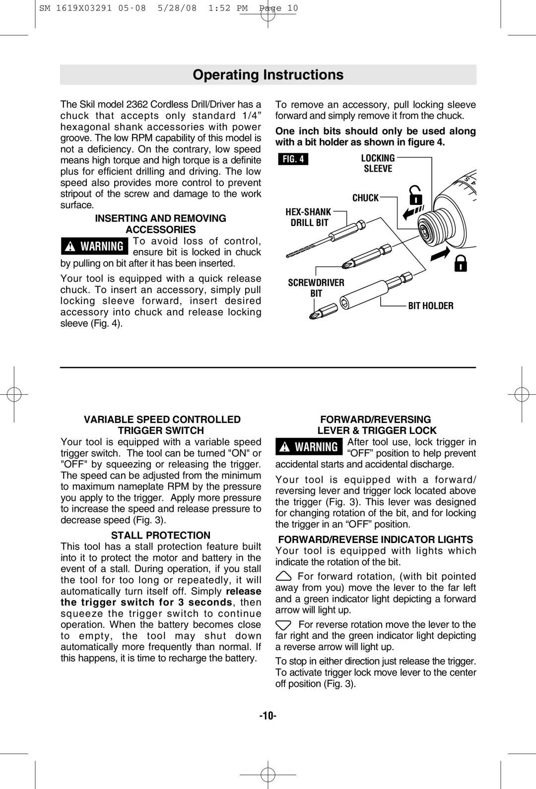 Skil 2372 manual Operating Instructions, Inserting and Removing Accessories, Stall Protection 