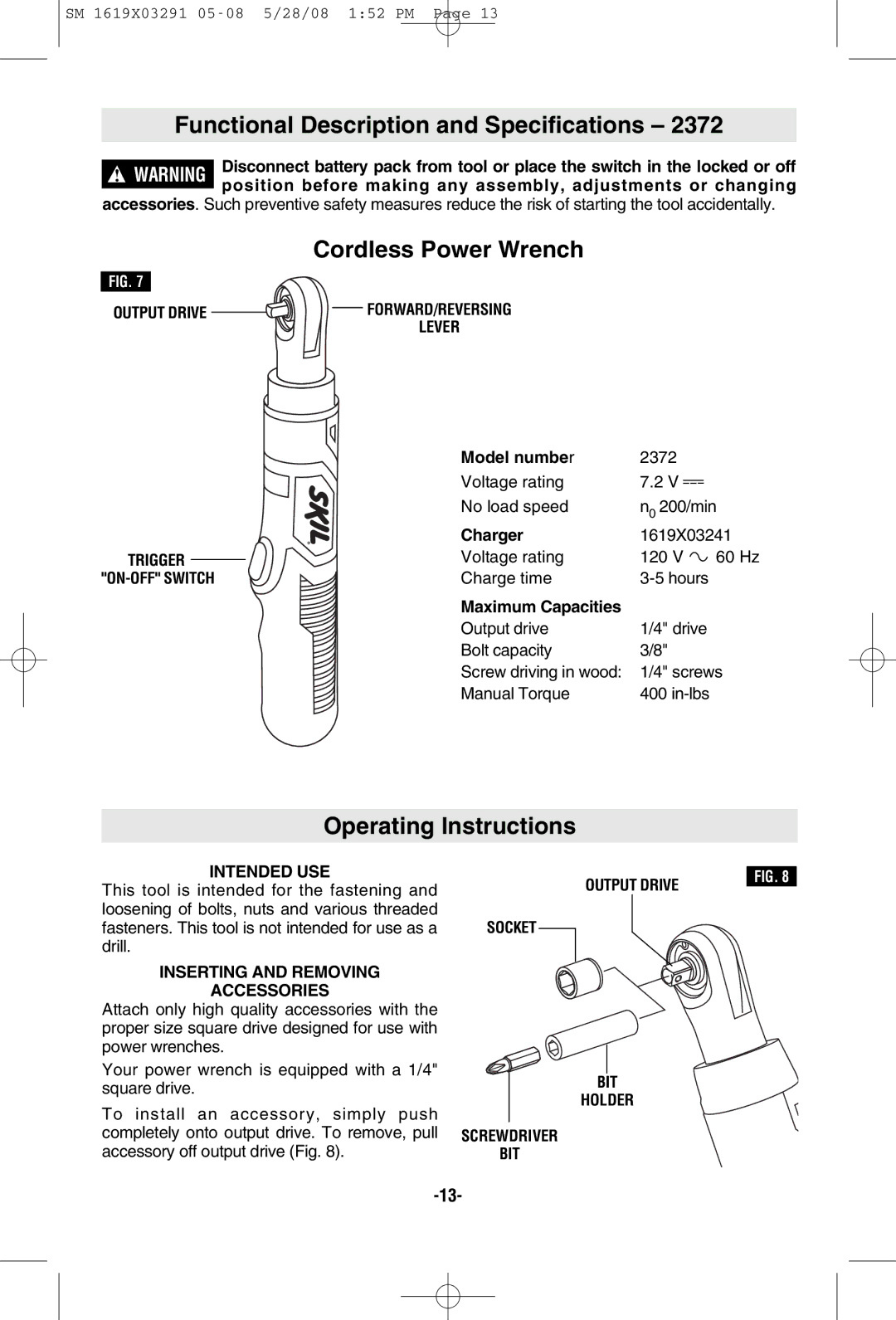 Skil 2372 manual Intended USE, Output Drive Socket BIT Holder Screwdriver 