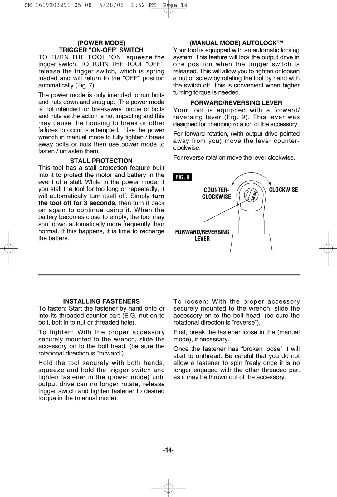 Skil 2372 manual Power Mode Trigger ON-OFF Switch, Manual Mode Autolock, FORWARD/REVERSING Lever 