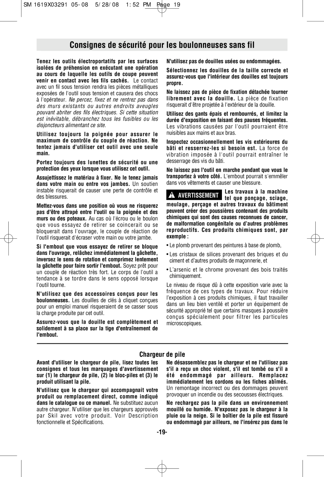 Skil 2372 manual Consignes de sécurité pour les boulonneuses sans fil, Chargeur de pile 