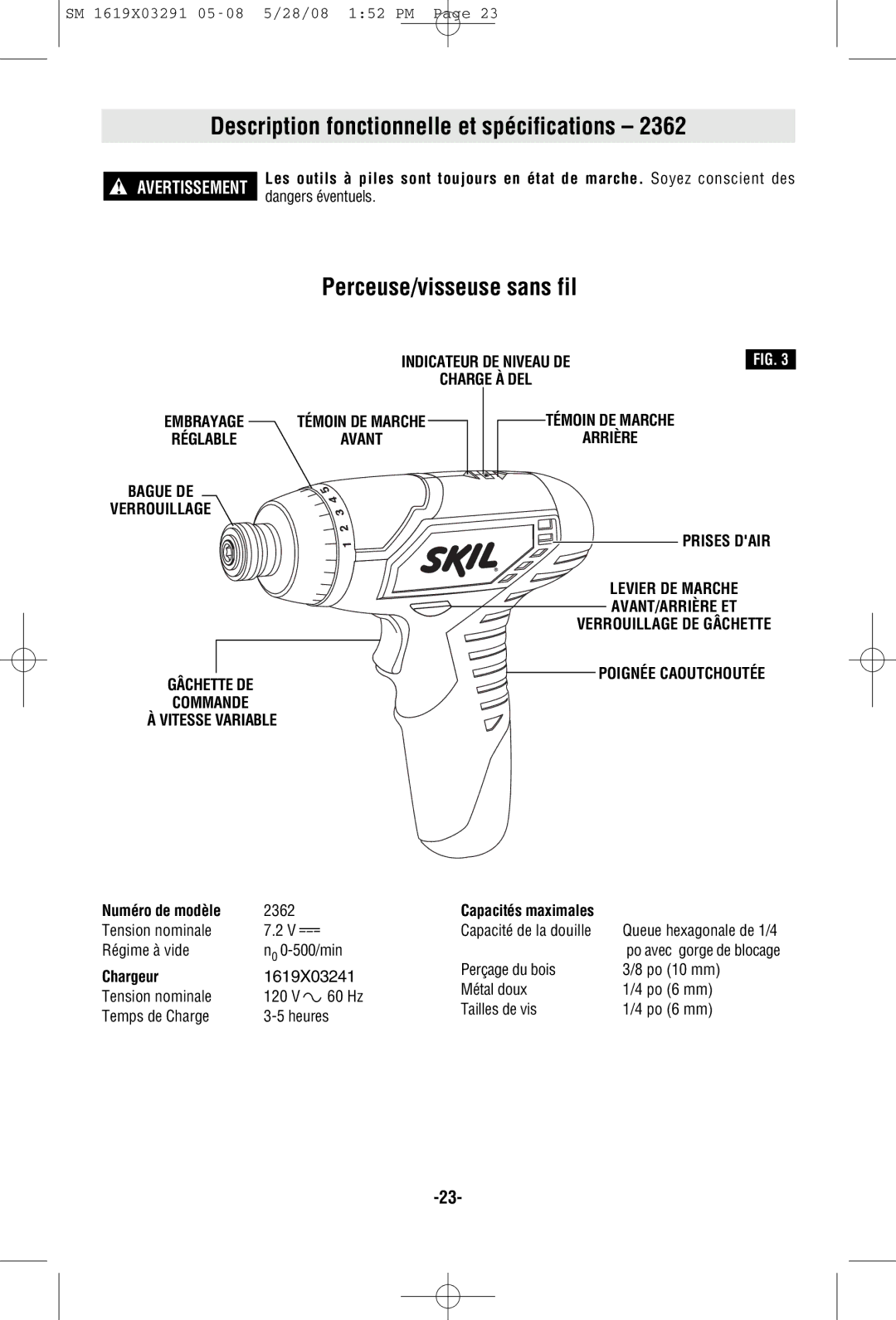 Skil 2372 manual Description fonctionnelle et spécifications, Perceuse/visseuse sans fil, Prises Dair, Chargeur 