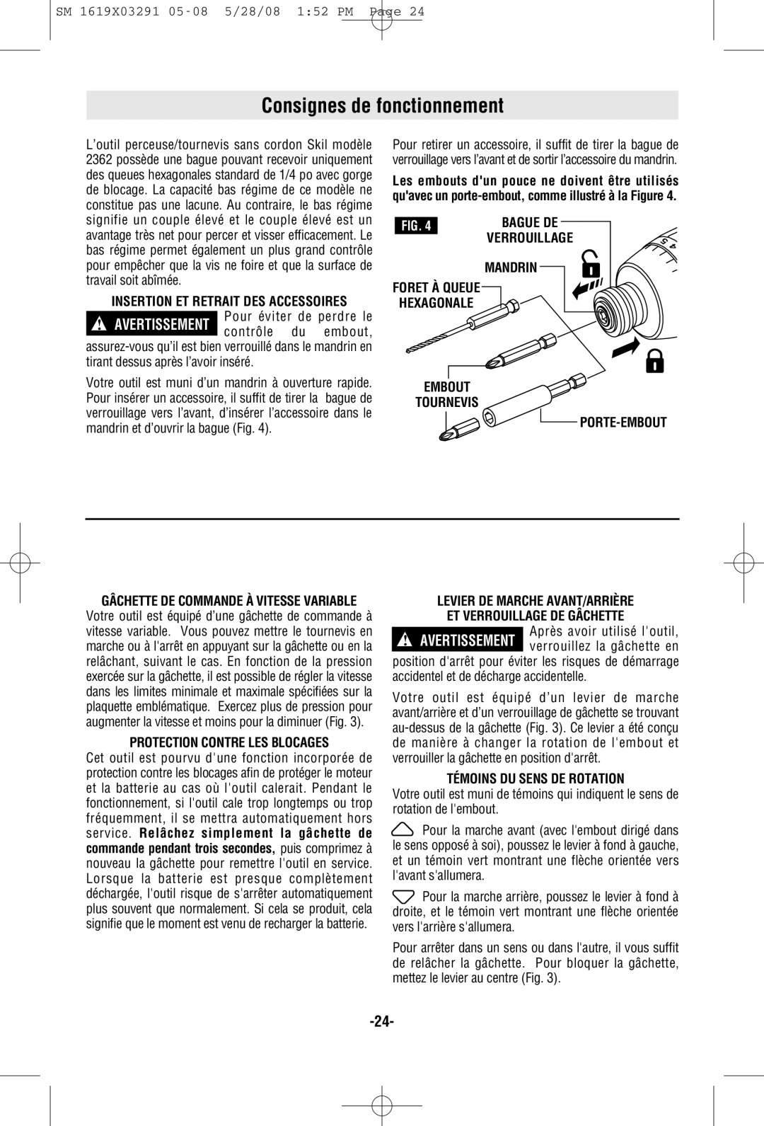 Skil 2372 manual Consignes de fonctionnement 