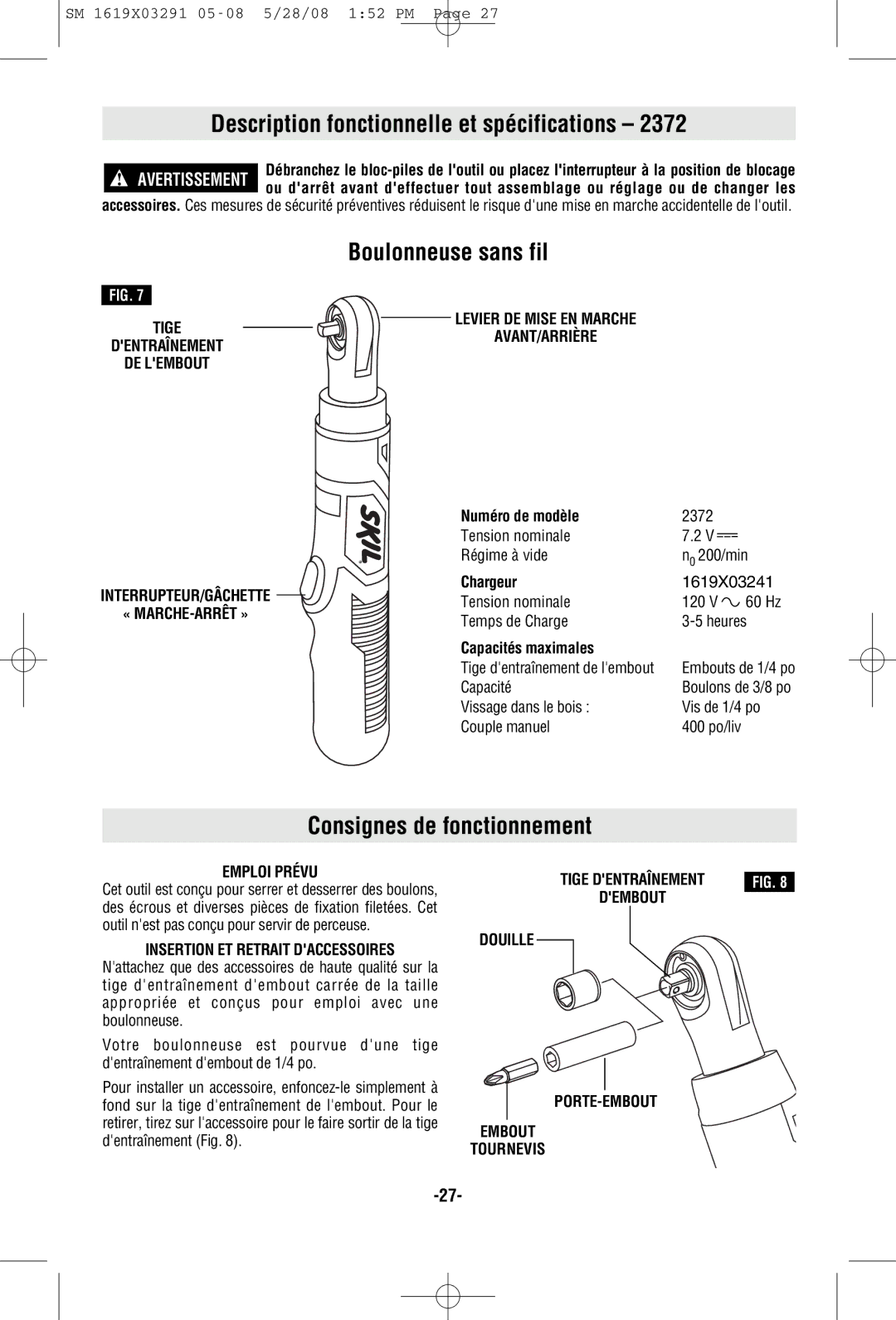 Skil 2372 Boulonneuse sans fil, Numéro de modèle, Capacités maximales, Emploi Prévu, Insertion ET Retrait Daccessoires 