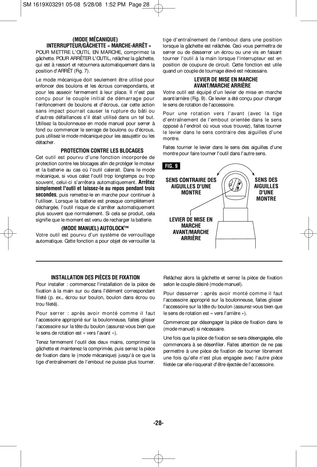 Skil 2372 manual Mode Manuel Autolock, Levier DE Mise EN Marche AVANT/MARCHE Arrière 